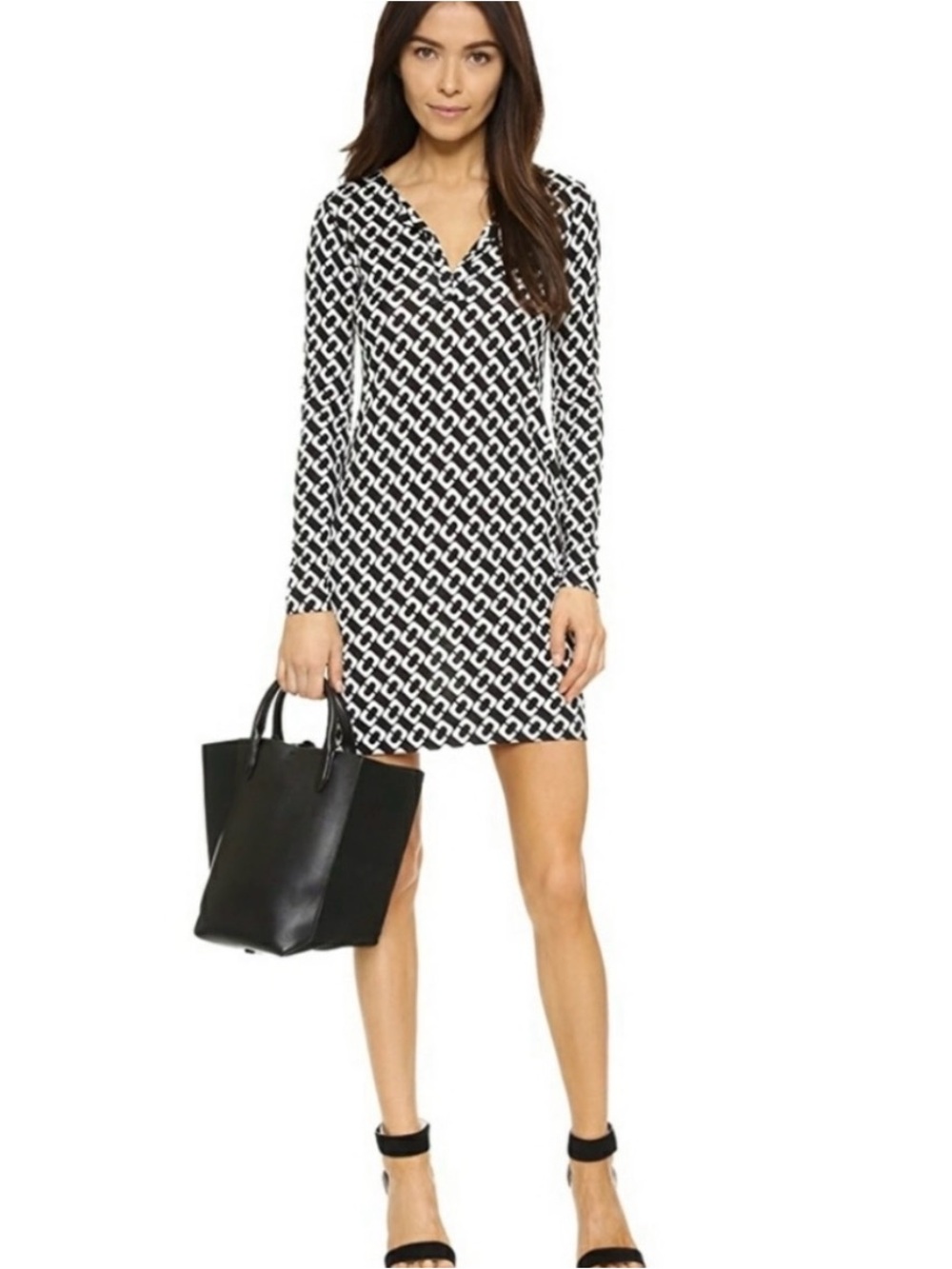 Diane von Furstenberg DVF Black &White Reina Long Sleeve Silk Jersey Shift Dress